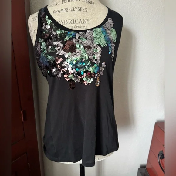 Express Small Black Green Silver Sequin Tank Top - Picture 1 of 14